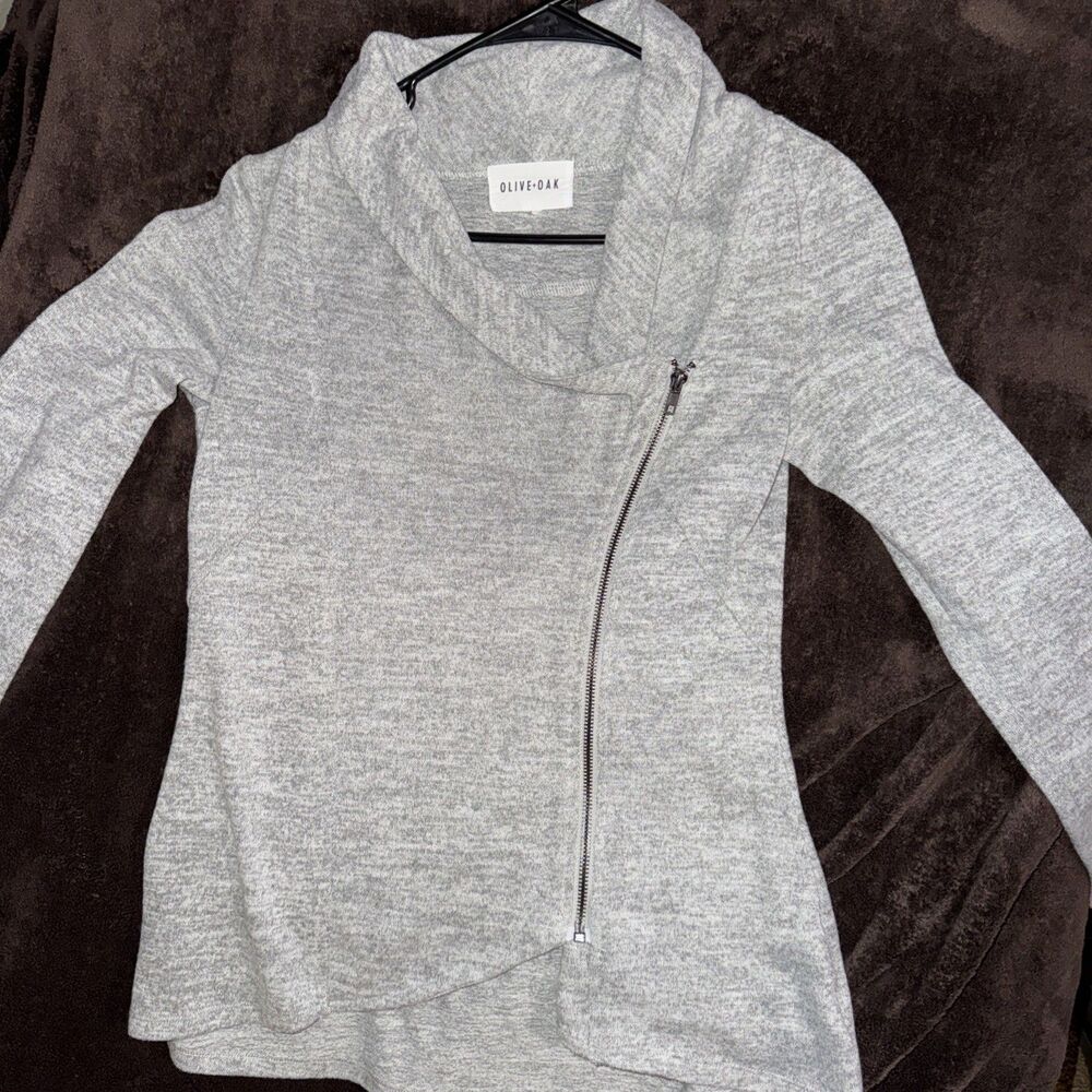 Olive + Oak Womens Gray Moto Jacket Asymmetrical Zip Cowl Neck Sweater S